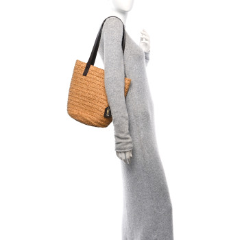 SAINT LAURENT Raffia Calfskin Small Panier Tote Naturale Nut