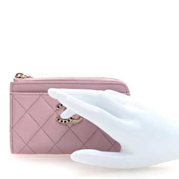 CHANEL Lambskin Quilted Pearl Crystal CC Zip Around Card Holder Pink