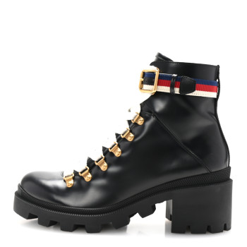 GUCCI Calfskin Sylvie Web Womens Lace Up Combat Boots 39.5 Black