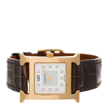 HERMES Stainless Steel Alligator Diamond Mother of Pearl 21mm Heure H Hour Quartz Watch Gris Elephant