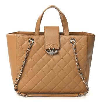 CHANEL Caviar Quilted Small CC Box Shopping Tote Camel