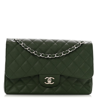 CHANEL Caviar Quilted Jumbo Double Flap Green