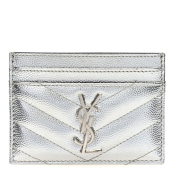 SAINT LAURENT Metallic Grain De Poudre Matelasse Chevron Monogram Credit Card Case Argento
