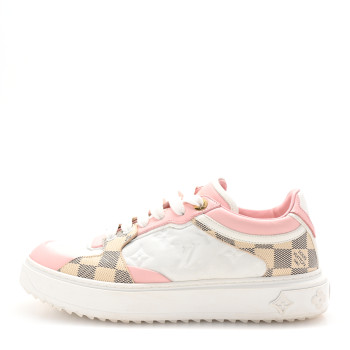 LOUIS VUITTON Monogram Embossed Calfskin Damier Azur Time Out Sneakers 38.5 Rose Clair Pink