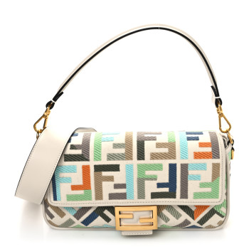 FENDI Canvas Vitello Seta FF Multicolor Embroidered Baguette Grezzo Multicolor Latte