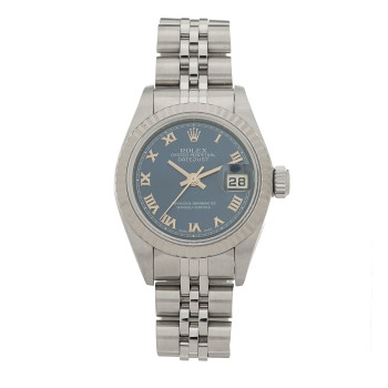 ROLEX Stainless Steel 18K White Gold 26mm Oyster Perpetual Datejust Watch Blue Roman 79174