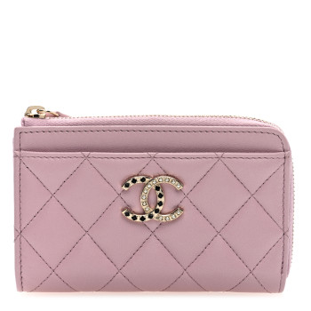 CHANEL Lambskin Quilted Pearl Crystal CC Zip Around Card Holder Pink