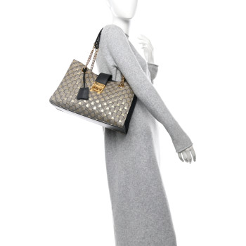GUCCI GG Supreme Monogram Bees Medium Padlock Tote Beige Oro Black