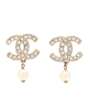CHANEL Crystal Pearl CC Drop Earrings Gold