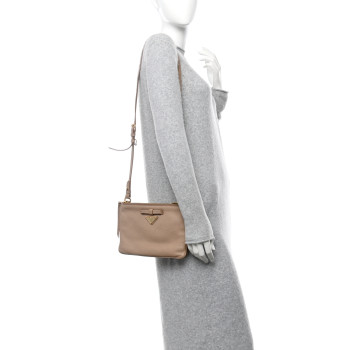 PRADA Vitello Daino Double Zip Crossbody Bag Cammeo