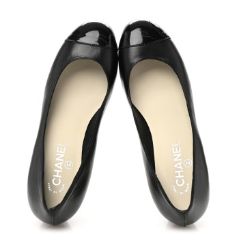 CHANEL Lambskin Patent Cap Toe Wedges 40 Black