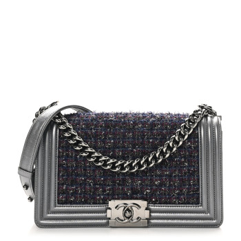 CHANEL Tweed Metallic Lambskin Medium Boy Flap Silver