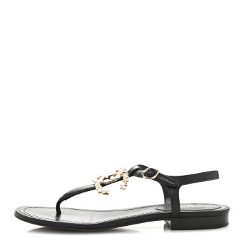 CHANEL Calfskin Pearl Crystal CC Charm Thong Sandals 36.5 Black