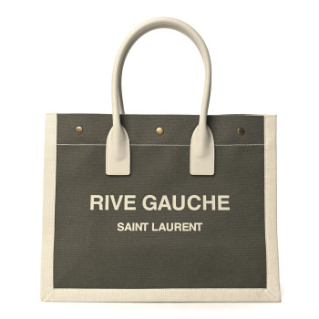 SAINT LAURENT Linen Calfskin Small Rive Gauche Tote Military Green Blanc Vintage