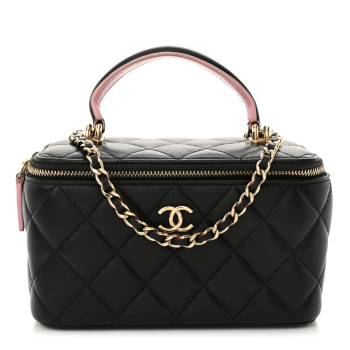 CHANEL Lambskin Quilted Small Top Handle Vanity Case With Chain Black Lilac