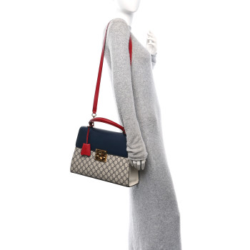 GUCCI GG Supreme Monogram Calfskin Medium Padlock Top Handle Bag Beige Blue Mystic White Hibiscus Red