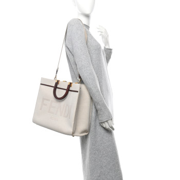FENDI Canvas Vitello King Logo Embroidered Medium Fendi Sunshine Shopper Tote Grezzo Ghianda
