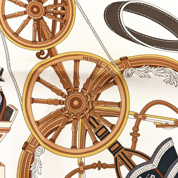 HERMES Silk Stately Wheels Scarf 90 White Vert Etoupe