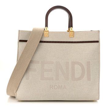 FENDI Canvas Vitello King Logo Embroidered Medium Fendi Sunshine Shopper Tote Grezzo Ghianda