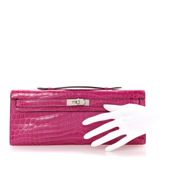HERMES Shiny Niloticus Crocodile Kelly Cut Pochette Rose Scheherazade
