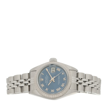 ROLEX Stainless Steel 18K White Gold 26mm Oyster Perpetual Datejust Watch Blue Roman 79174