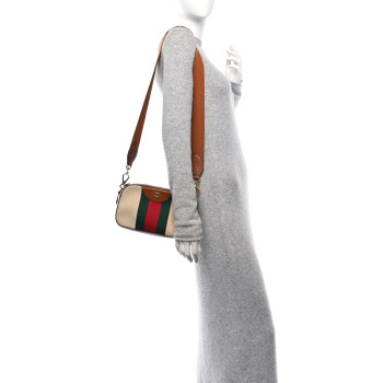 GUCCI Vintage Canvas Web Shoulder Bag Sand Cuir