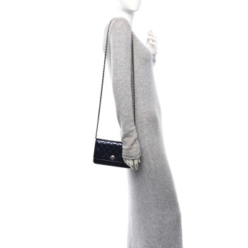 CHANEL Patent Metallic Crumpled Calfskin Quilted Wallet On Chain WOC Navy