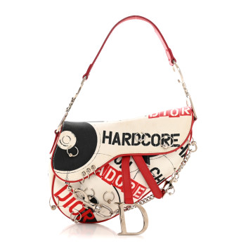 CHRISTIAN DIOR Canvas Hardcore Pierced Saddle Bag White Red Black