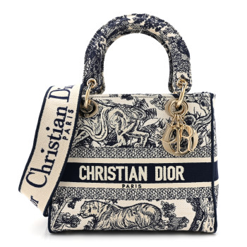 CHRISTIAN DIOR Canvas Toile De Jouy Embroidered Medium Lady D-Lite Navy