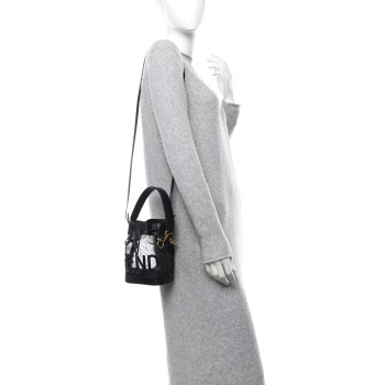 FENDI Mesh Vitello King F is Fendi Logo Embroidered Mini Mon Tresor Bucket Bag Black