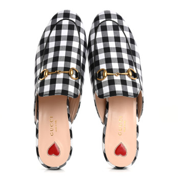 GUCCI Cotton Gingham Womens Princetown Slippers 38 White Black