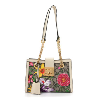 GUCCI GG Supreme Monogram Flora Textured Calfskin Small Padlock Tote Beige Ebony Multicolor Mystic White