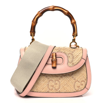 GUCCI Raffia Textured Dollar Calfskin GG Monogram Small Bamboo 1947 Top Handle Bag Wild Rose Natural