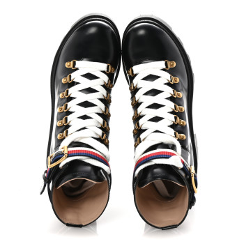 GUCCI Calfskin Sylvie Web Womens Lace Up Combat Boots 39.5 Black