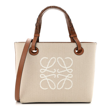 LOEWE Canvas Calfskin Small Anagram Tote Ecru Tan