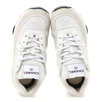 CHANEL Painted Iridescent Cotton Tweed Suede Calfskin Womens CC Sneakers 35.5 White Silver Multicolor