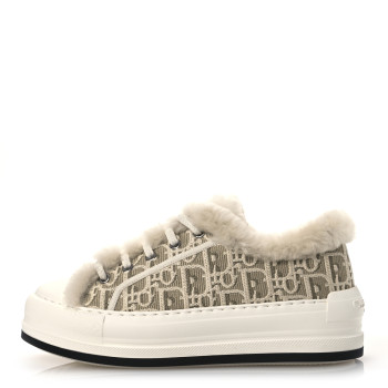 CHRISTIAN DIOR Canvas Oblique Shearling Walk'N'Dior Platform Sneakers  38.5 Beige Natural