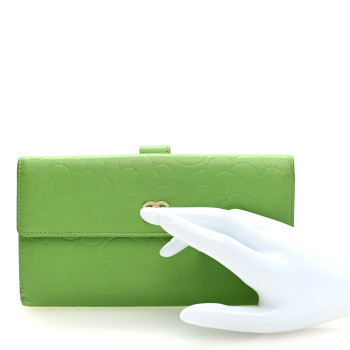 CHANEL Lambskin Embossed Camellia Large Gusset Flap Wallet Green