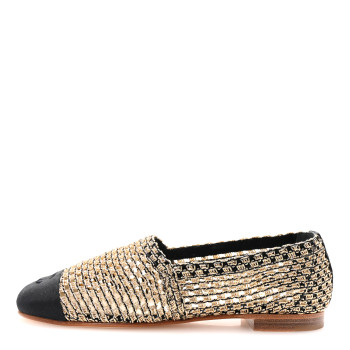 CHANEL Knit Grosgrain Cap Toe CC Moccasin Loafers 36 Gold Black
