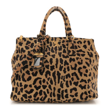 PRADA Cavallino Leopard Print Medium Galleria Double Zip Tote Miele Moro