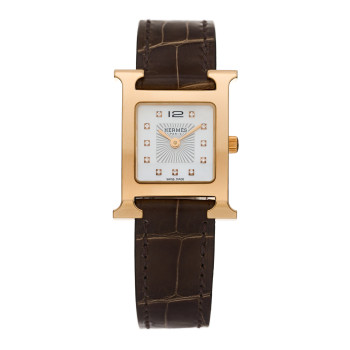 HERMES Stainless Steel Alligator Diamond Mother of Pearl 21mm Heure H Hour Quartz Watch Gris Elephant