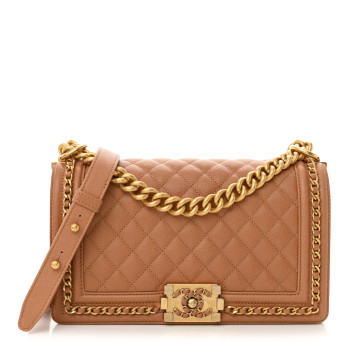 CHANEL Caviar Quilted Chain Around Medium Boy Flap Beige