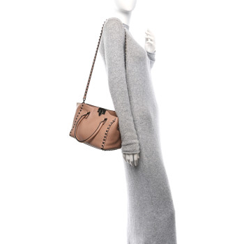 VALENTINO GARAVANI Pebbled Calfskin Small Rockstud Double Handle Tote Soft Noisette
