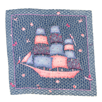 HERMES Silk Bateau Fleuri Scarf 90 Bleu Rose White