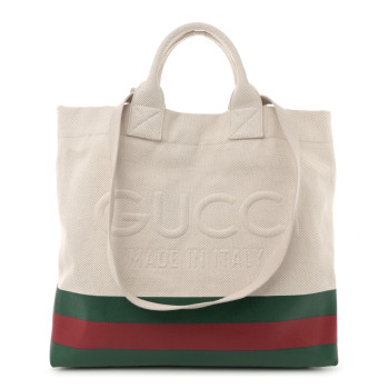 GUCCI Canvas Logo Embossed Ophidia Tote Beige