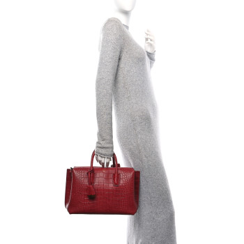 MCM Calfskin Crocodile Embossed Medium Milla Tote Ruby