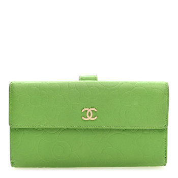 CHANEL Lambskin Embossed Camellia Large Gusset Flap Wallet Green