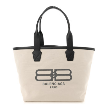 BALENCIAGA Cotton Canvas Calfskin BB Logo Jumbo Small Tote Bag Black White