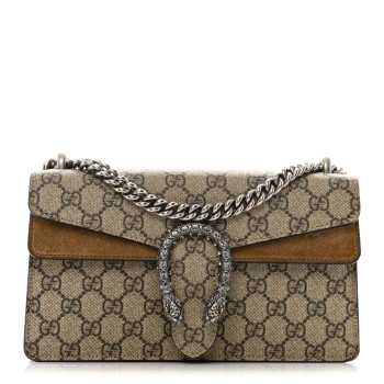 GUCCI GG Supreme Monogram Suede Crystal Small Dionysus Shoulder Bag Beige Ebony Taupe