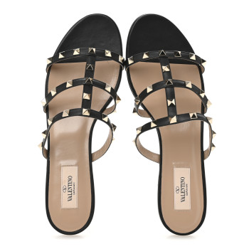 VALENTINO GARAVANI Nappa Rockstud Caged Flat Slide Sandals 40 Black